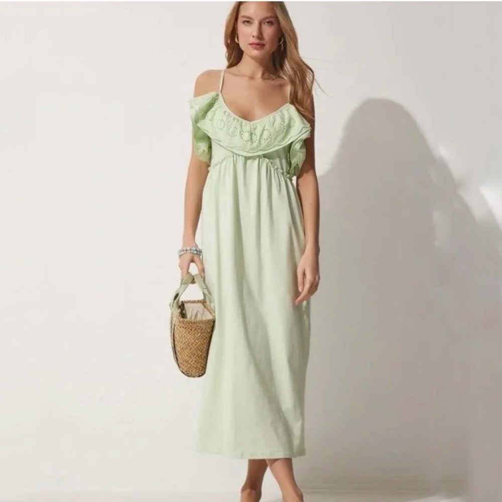 Zara Light Green Eyelet Ruffle Midi Dress Size Large Boho